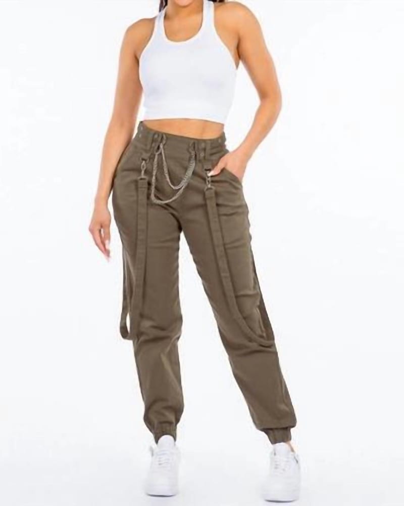 Front of a model wearing a size 1XL Plus Size High Waist Jogger Pants With Suspenders In Army Green in Army Green by American Bazi. | dia_product_style_image_id:347649